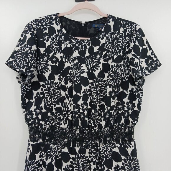 Brooks Brothers Black White Floral Print Dress Smocked Waist Pockets - Picture 3 of 10